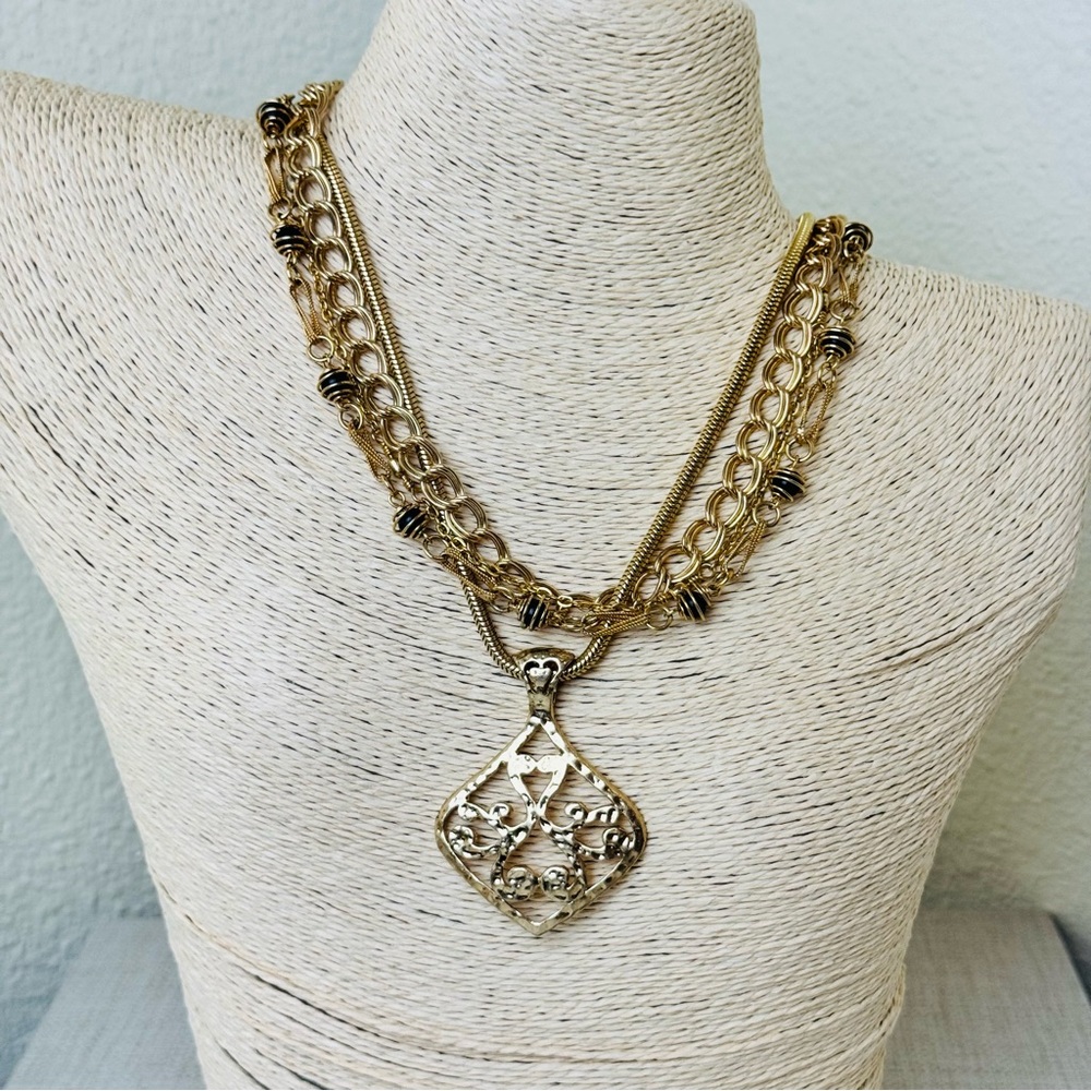Upcycled multi strand pendant necklace gold tone with black bead accents